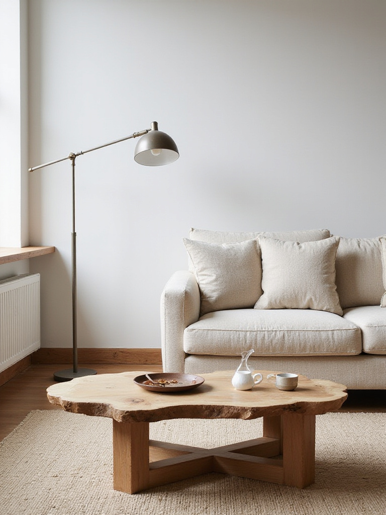 A minimalist living room featuring durable furniture made from natural materials like solid wood, linen fabric, and metal, bathed in natural light.
