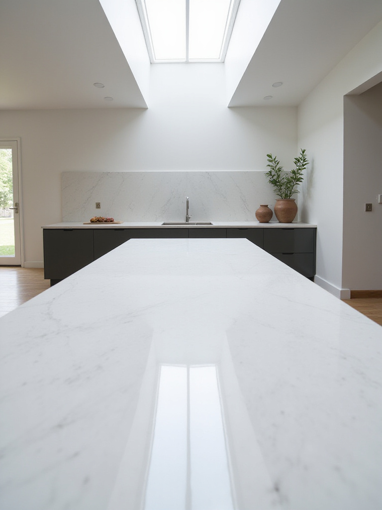 Stylish modern kitchen featuring sleek, durable quartz countertops on an island and perimeter cabinets, showcasing clean lines and a bright, contemporary aesthetic.