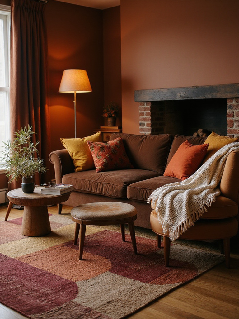 A cozy living room decorated in a warm, rich color palette featuring terracotta walls, a brown velvet sofa, layered textiles in rust, mustard, and red tones, warm wood furniture, and soft lighting, creating a warm and inviting atmosphere.