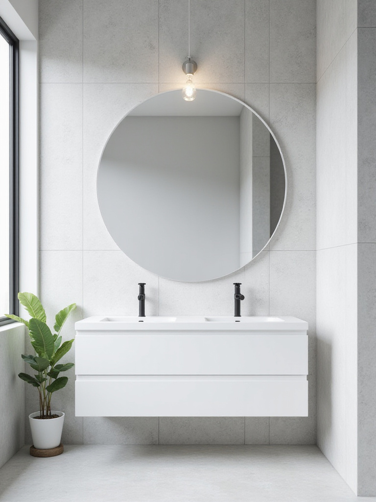 Modern bathroom with round mirror above floating vanity