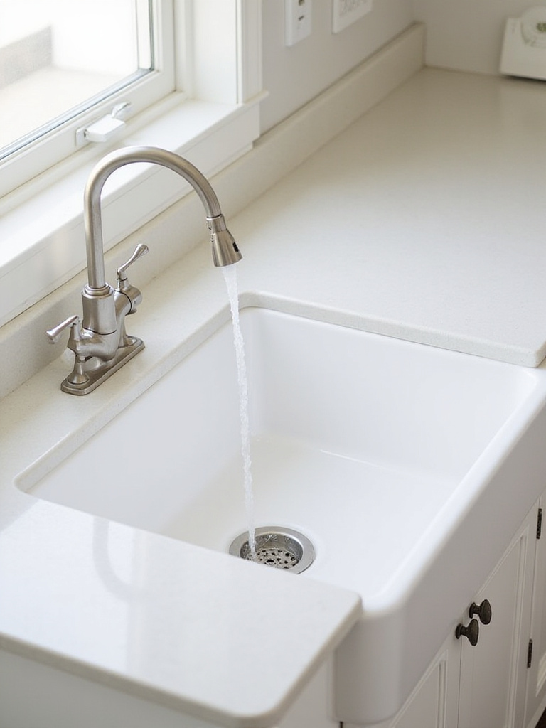 Farmhouse sink with brushed nickel bridge faucet