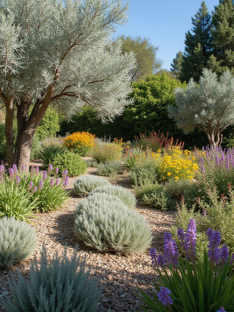 Mediterranean-style garden featuring drought-tolerant plants