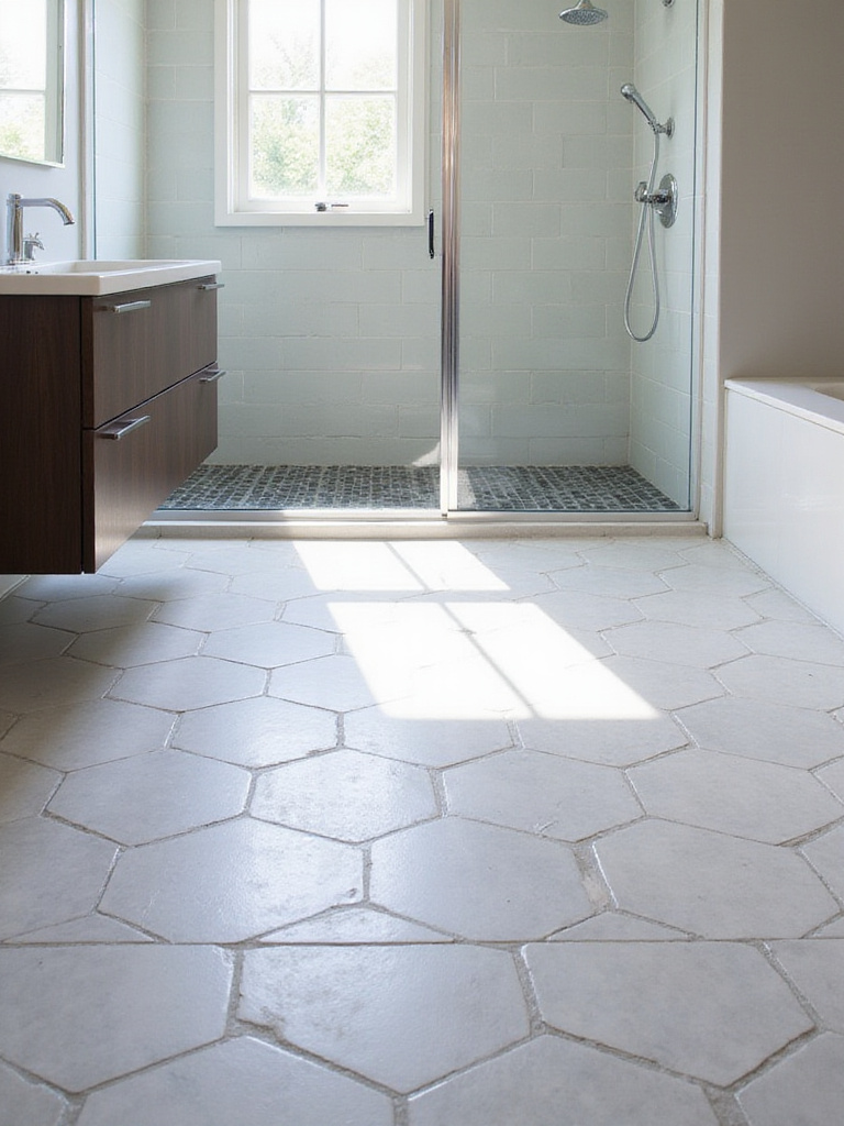 Bathroom floor with large light gray hexagon tiles and darker gray grout.