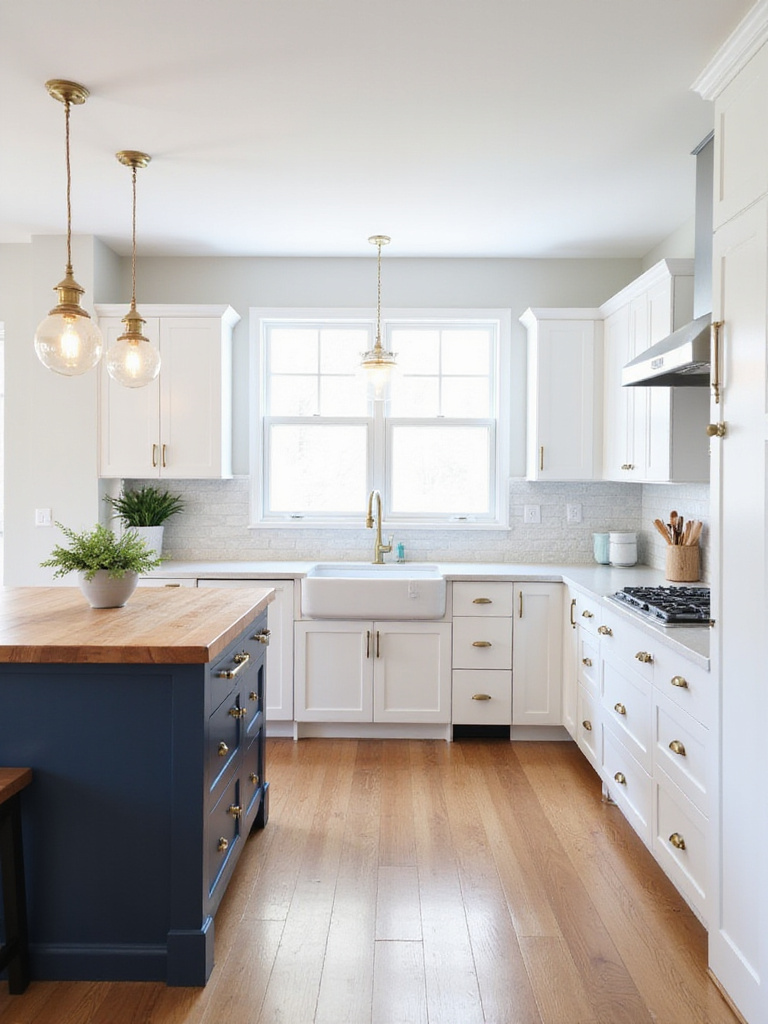 Bright classic white kitchen refresh with blue island, wood floor, and brass hardware.