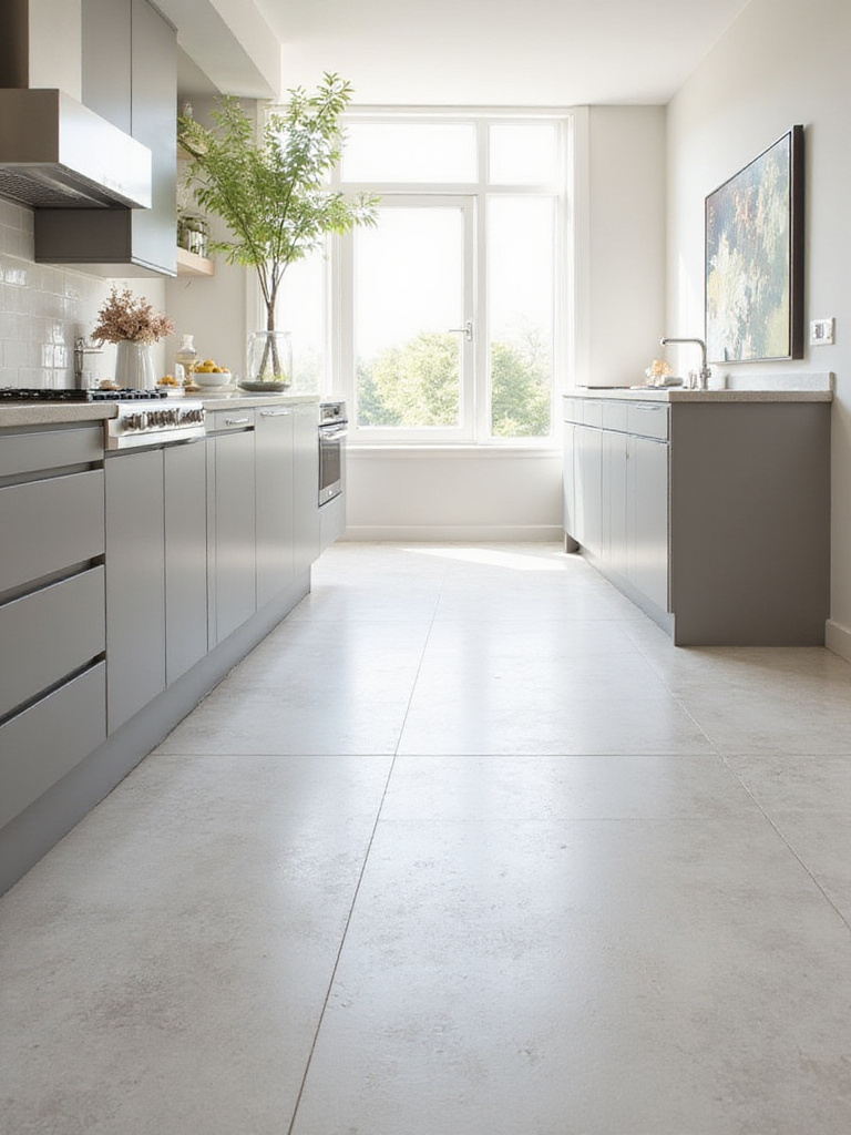 Clean, modern kitchen floor with large light grey porcelain tiles, emphasizing the low-maintenance cleaning benefits.