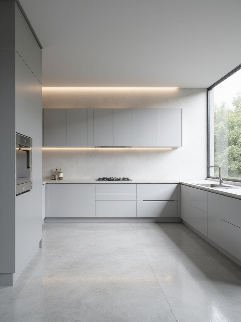 Minimalist modern kitchen with seamless flat-panel cabinets concealing hidden storage solutions like panel-ready appliances and pull-out pantries.