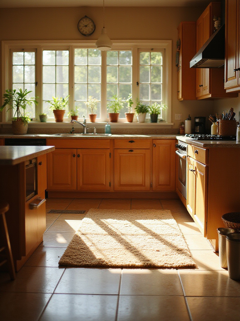 Cozy kitchen with warm-toned tile floor and a plush area rug bathed in sunlight, illustrating ways to make tile floors feel warmer.