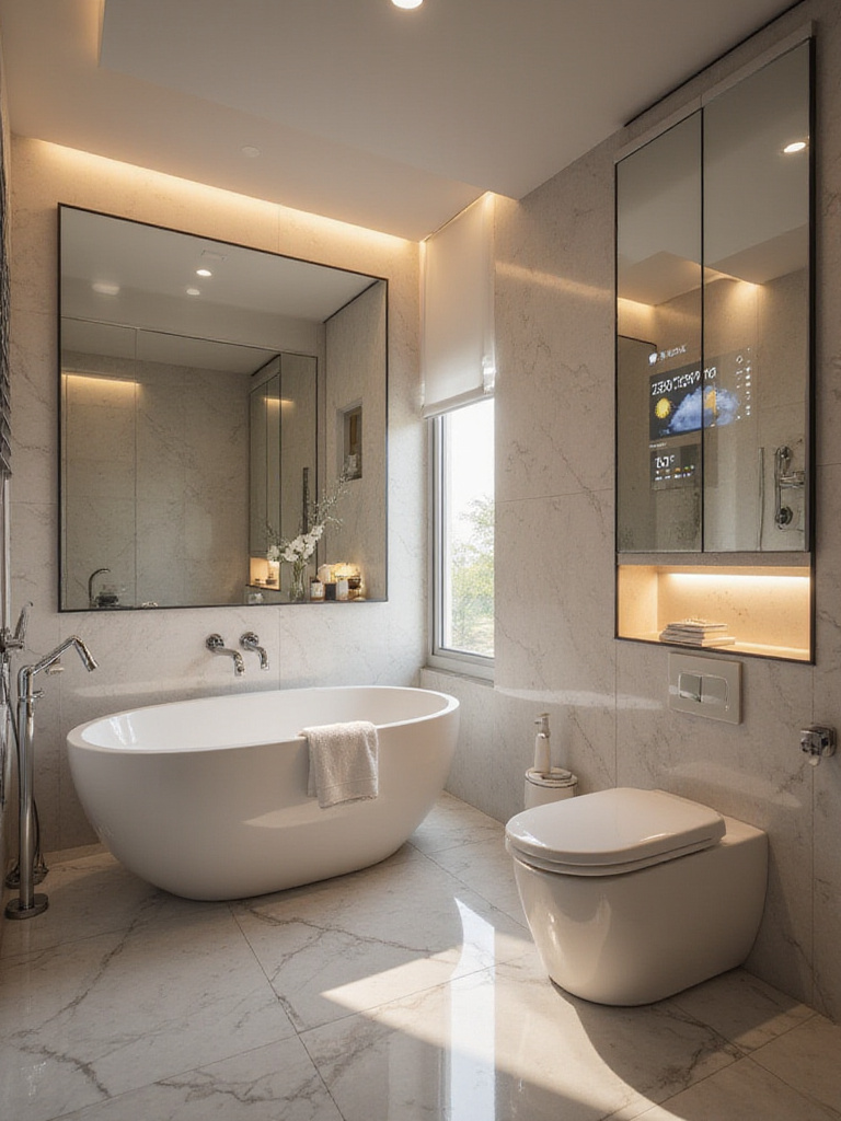 A modern luxury bathroom featuring smart home integration, with a smart mirror displaying information, integrated lighting, a freestanding tub, and a smart toilet, showcasing a connected and high-tech space.