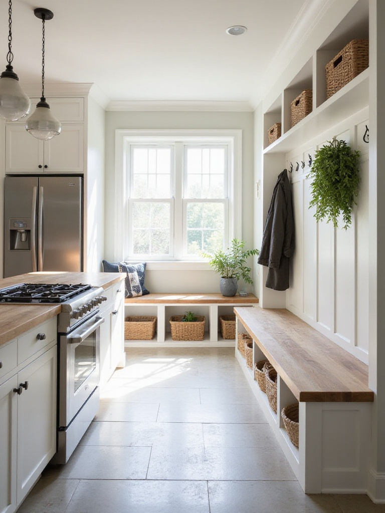 Modern farmhouse kitchen seamlessly connected to a functional mudroom with built-in storage.