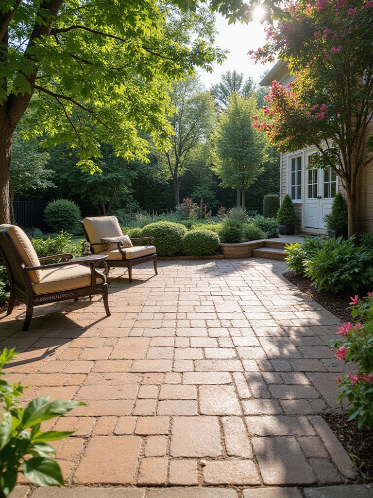 Classic backyard patio paved with warm-toned interlocking concrete pavers laid in a herringbone pattern, surrounded by green landscaping.