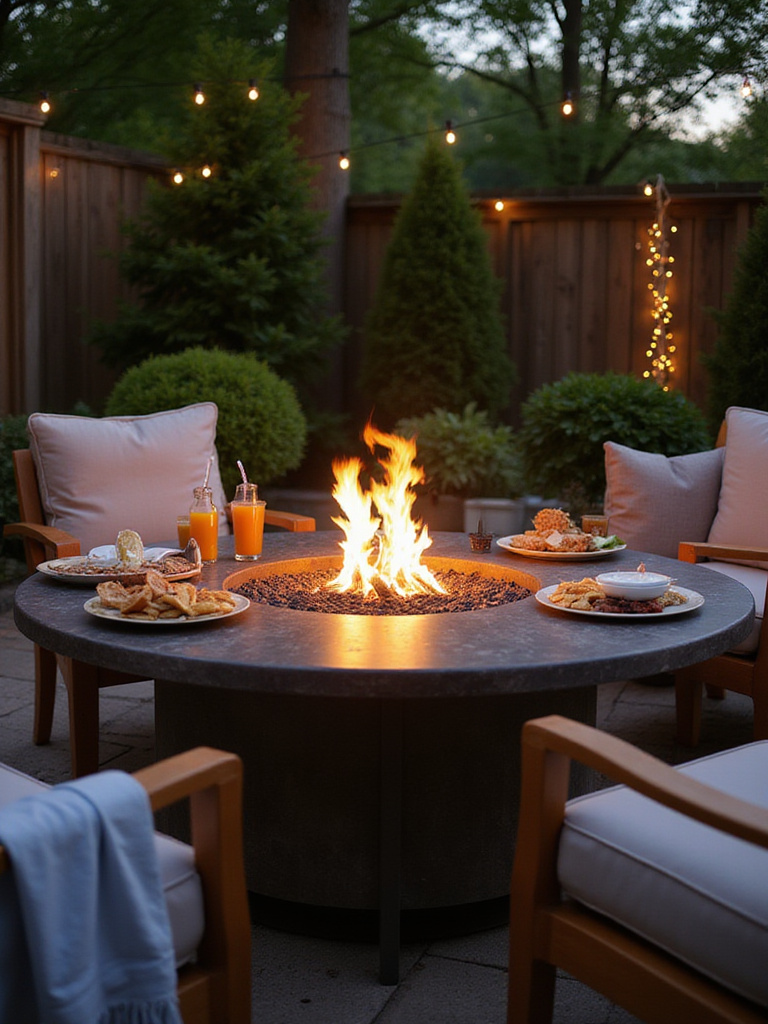 Cozy backyard fire pit table with snacks and drinks, illuminated by soft evening lighting.