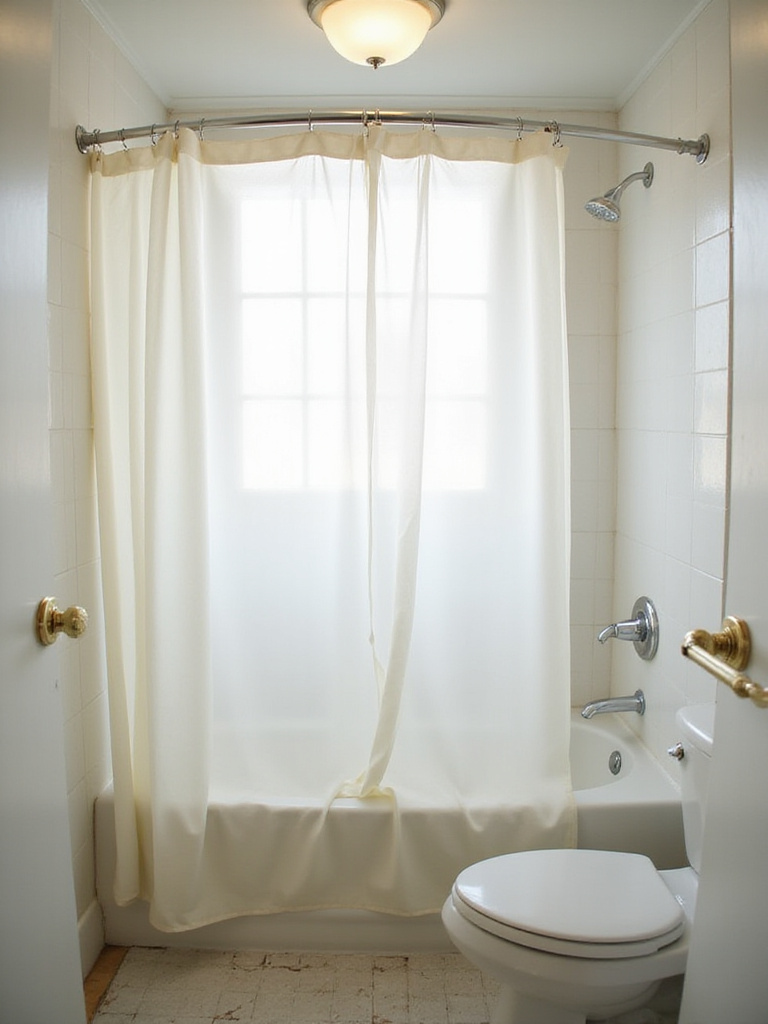 A bright small bathroom with a bathtub and a light-colored fabric shower curtain drawn closed, illustrating a space-saving design idea.