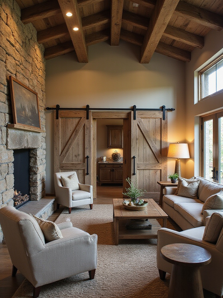 Rustic living room featuring a large stone fireplace, comfortable seating, and a prominent sliding barn door made of weathered wood.