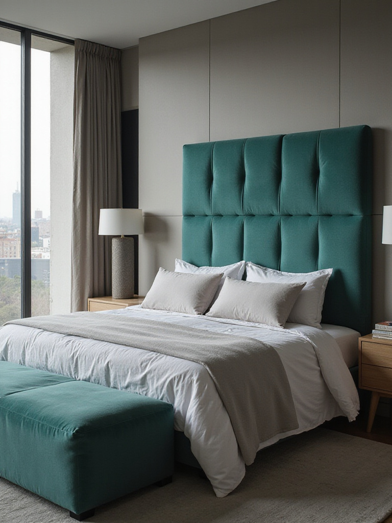 Modern bedroom featuring a large emerald green upholstered headboard as a statement piece, with neutral bedding and soft lighting.