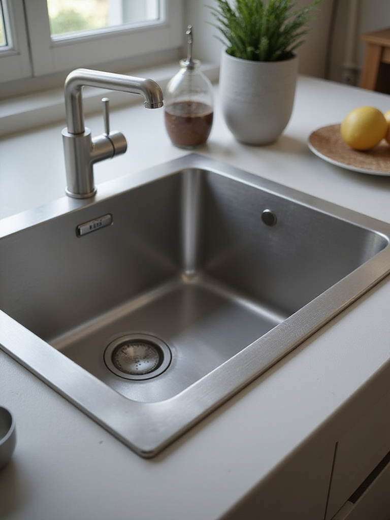 Close-up of a durable 16-gauge stainless steel kitchen sink rim, showcasing its thickness and quality.