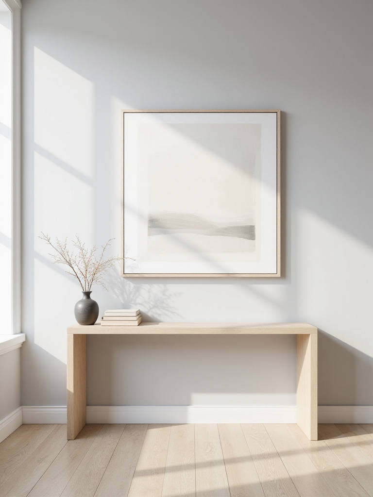 Minimalist living room with a light wood console table against a grey wall, styled with a simple vase and books, with abstract art above it.