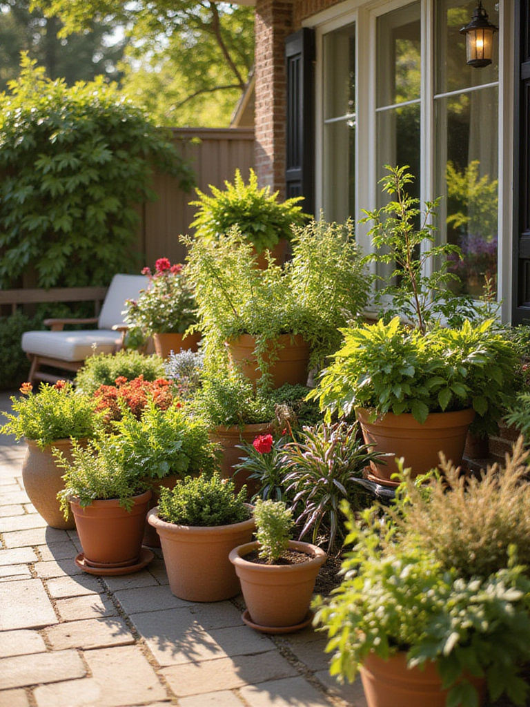 Variety of colorful container gardens on a sun-drenched patio.