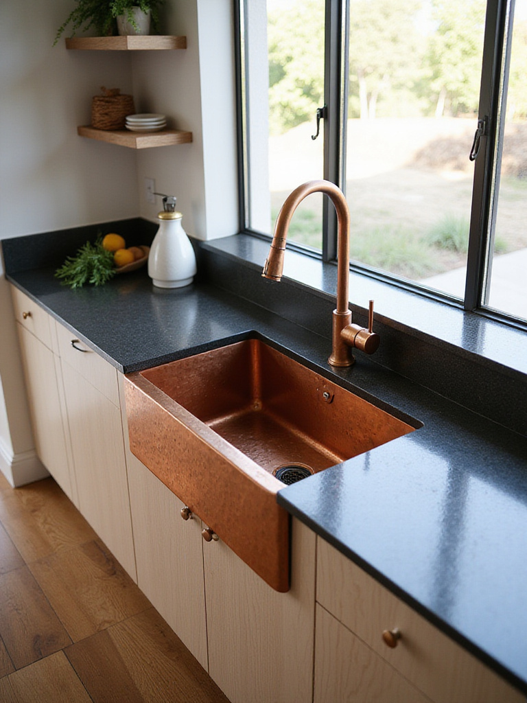 Modern kitchen featuring a copper farmhouse sink with dark quartz countertops and light oak cabinets.
