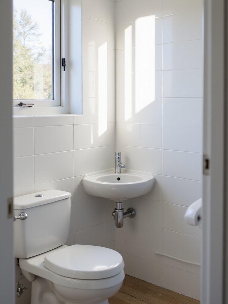 A small modern bathroom featuring a space-saving white corner sink installed in the far corner, maximizing the room's layout.