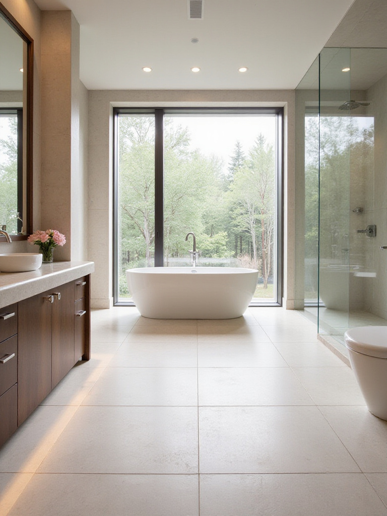 Luxurious bathroom with radiant floor heating and light porcelain tile