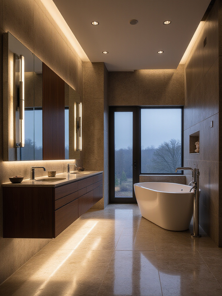 Luxurious bathroom showcasing layered lighting with integrated LEDs, vanity sconces, and recessed ceiling lights creating a serene ambiance.