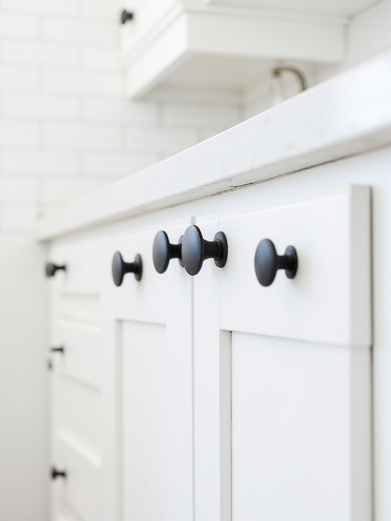 White kitchen cabinets with bold black hardware, creating a sharp and stylish contrast that defines the cabinetry lines.