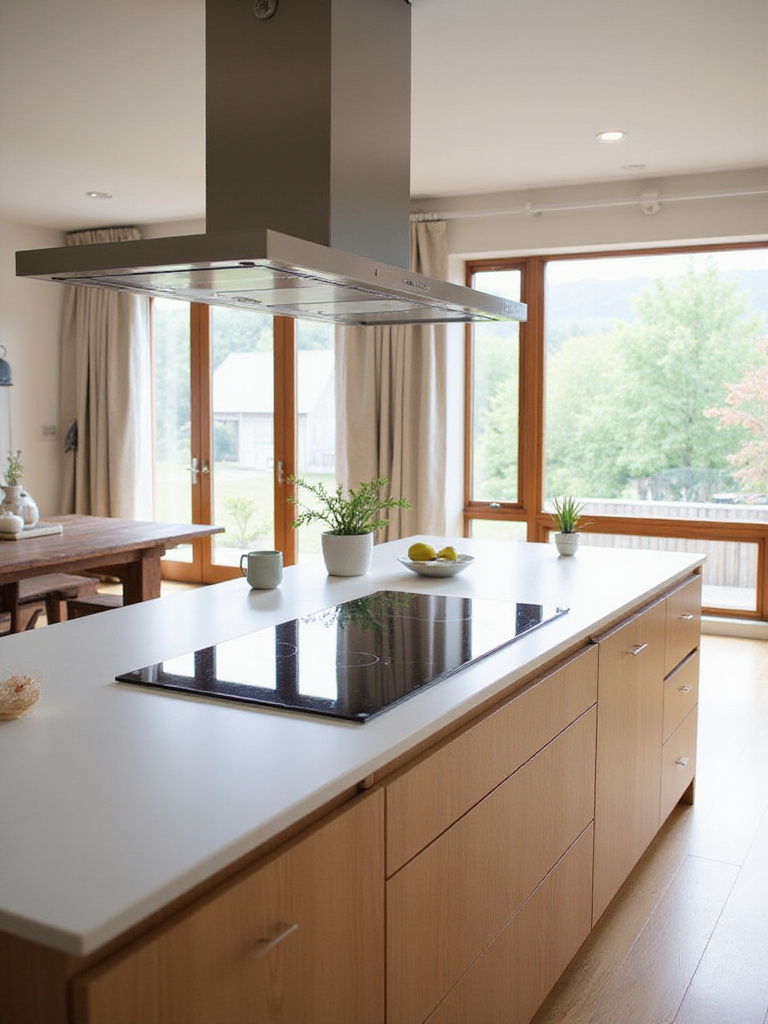 Modern kitchen island featuring an induction cooktop and minimalist island range hood illuminated by natural light.