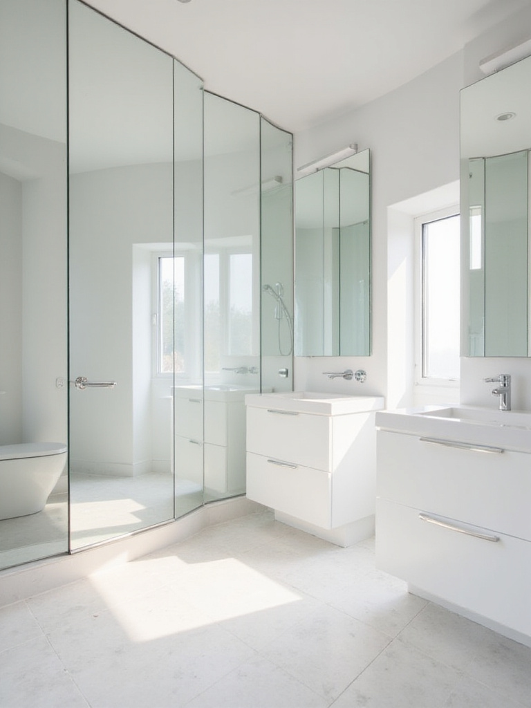 A small, modern bathroom with a large floor-to-ceiling mirror wall that reflects the room, creating a strong sense of depth and making the space appear much larger.