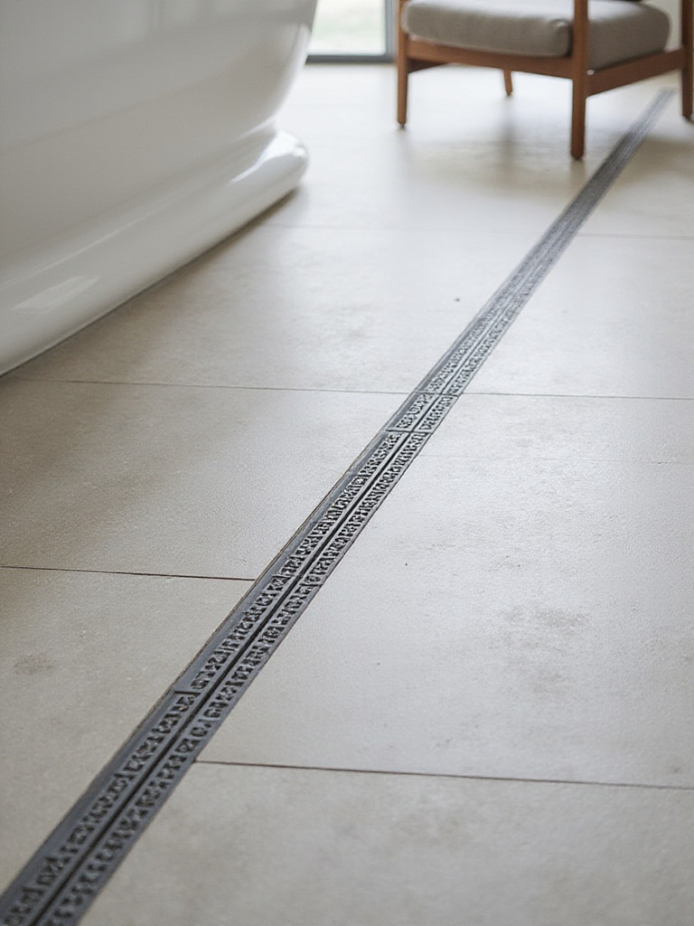 A modern bathroom floor showcasing a hidden drain with large format tiles.