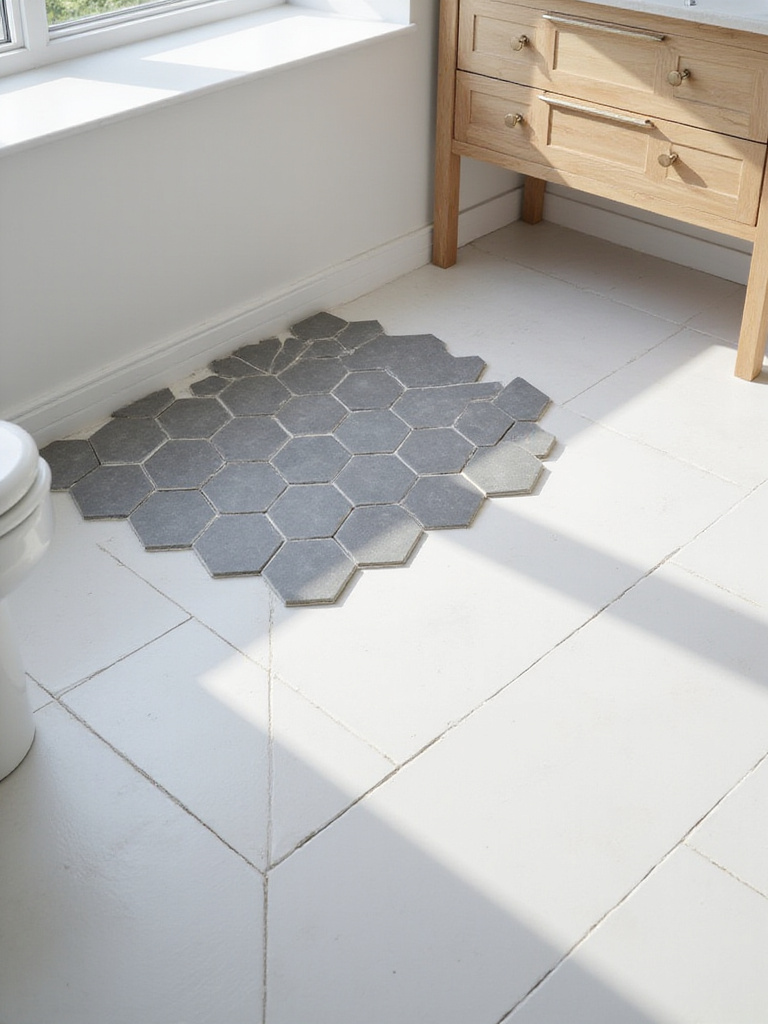 Modern bathroom floor featuring a mix of hexagonal and rectangular tiles