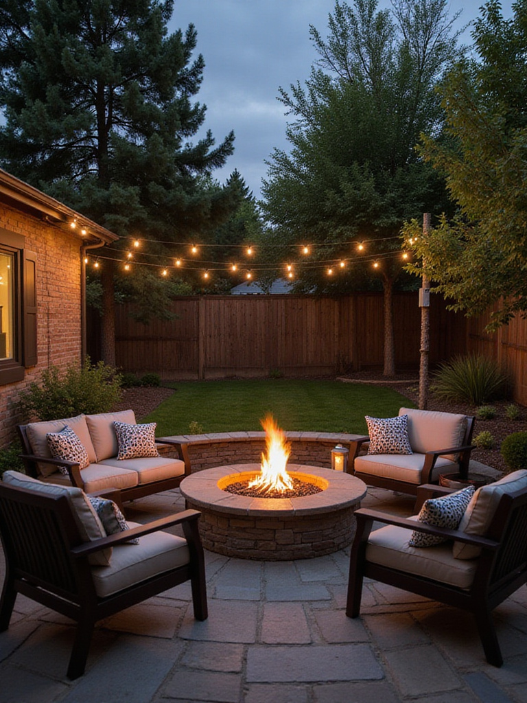 A cozy backyard patio at dusk with a lit fire pit surrounded by comfortable seating and soft ambient lighting on a paved surface.