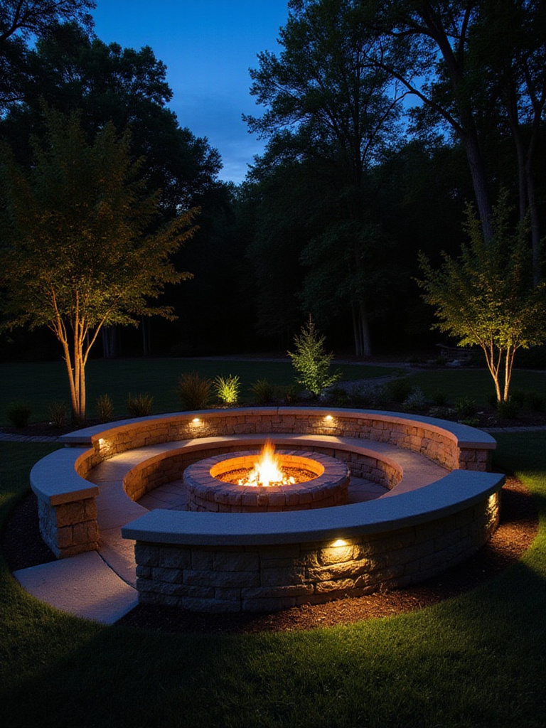 Cozy sunken fire pit area with stone benches in a lush backyard during twilight.