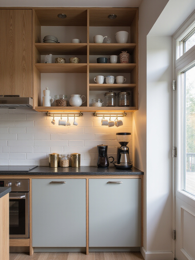 A modern kitchen with a dedicated coffee bar nook featuring a coffee machine, storage canisters, and mugs on open shelves.