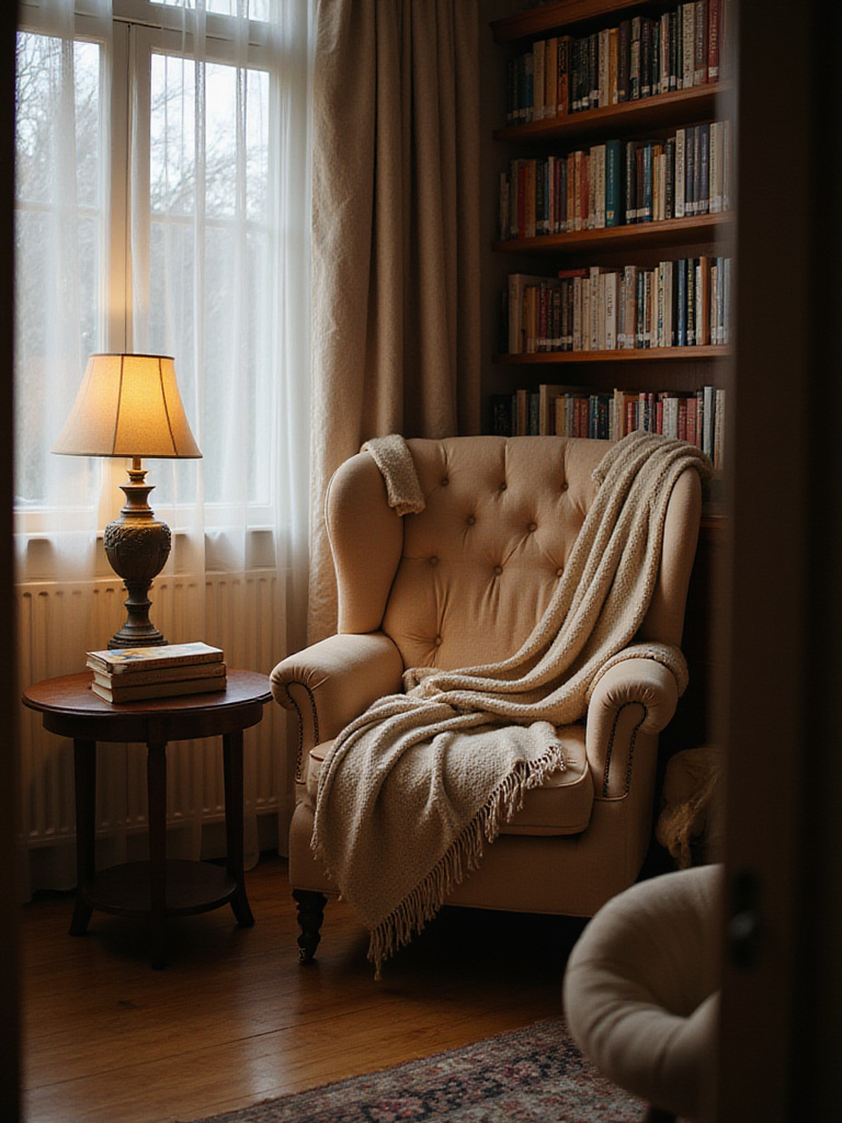 Cozy reading nook with armchair, lamp, and bookshelf