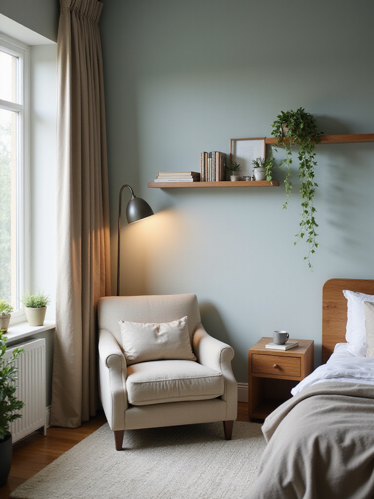 Cozy bedroom reading nook with armchair, side table, lamp, and floating shelves near a sunlit window.