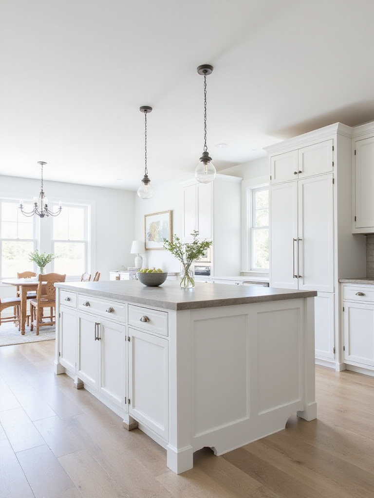 A large white kitchen island serving as a focal point, with a contrasting countertop and pendant lights above, in a spacious white kitchen.