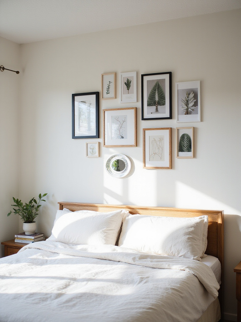 Bedroom wall decorated with a curated gallery wall above the bed, featuring a mix of framed art prints, photos, and decorative items in various frame styles and sizes.