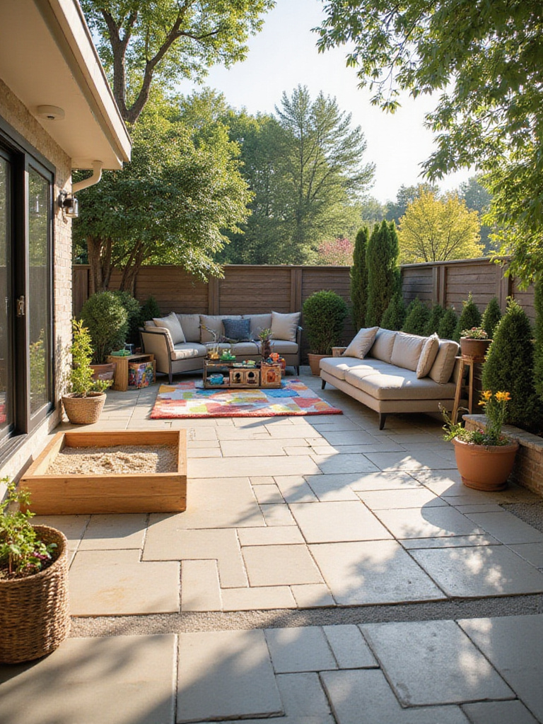 Backyard patio with a dedicated kid-friendly play zone featuring a sandbox, play mat, and playhouse, integrated aesthetically with the main patio area.