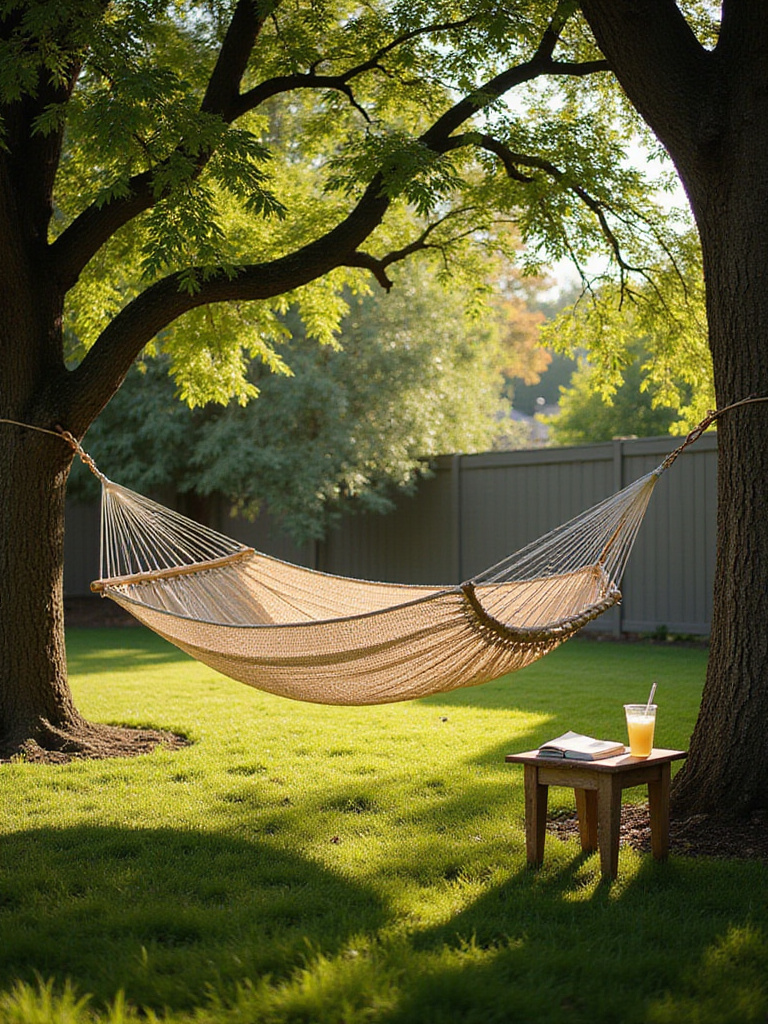 Relaxing backyard hammock spot between two trees with a side table