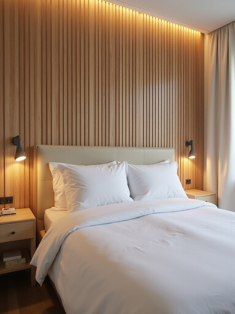 Modern bedroom with a subtle feature wall behind the bed made of light oak wood slats.