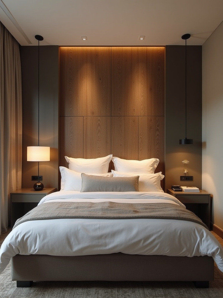 Bedroom with a striking accent wall behind the bed, featuring deep paint, patterned wallpaper, or wood texture, creating a focal point in the space.
