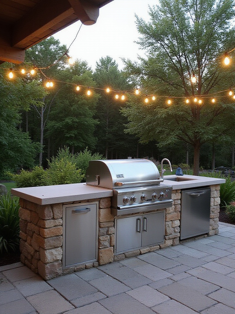 Modern outdoor kitchen with built-in grill and stone island