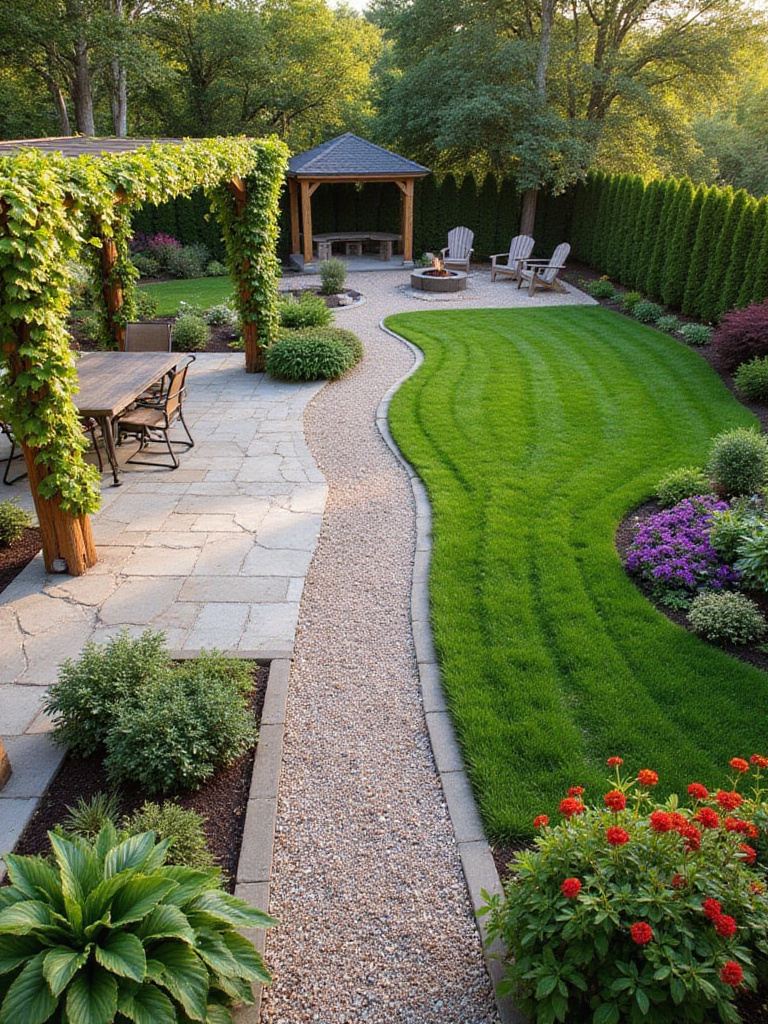 Backyard landscaping featuring defined outdoor rooms: dining patio, fire pit area, and raised garden bed.