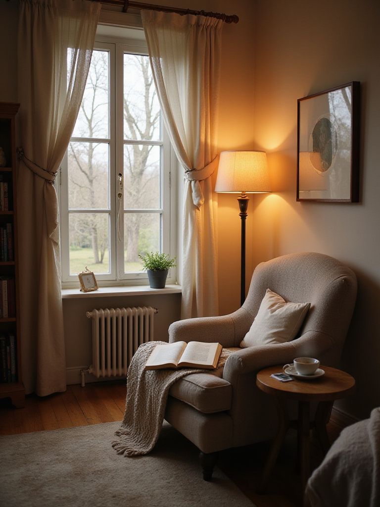 Cozy reading nook in a living room featuring a comfortable armchair, floor lamp, and bookshelf next to a window with natural light.