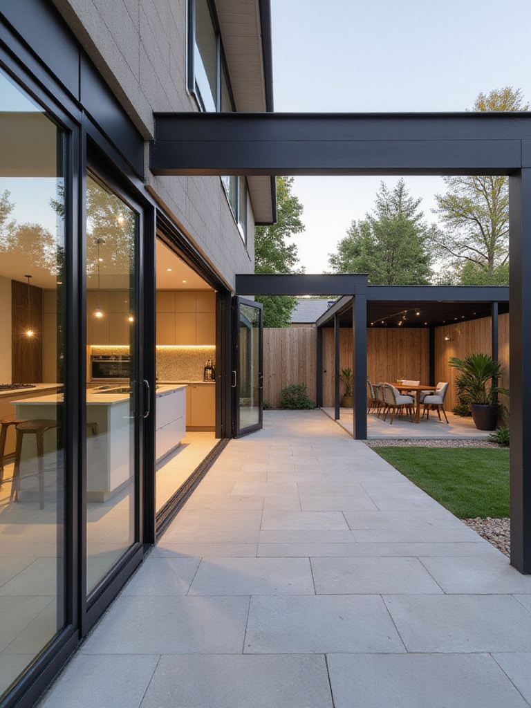 Modern kitchen with bi-fold doors fully open to a patio, creating a seamless indoor-outdoor flow with cohesive flooring and design.