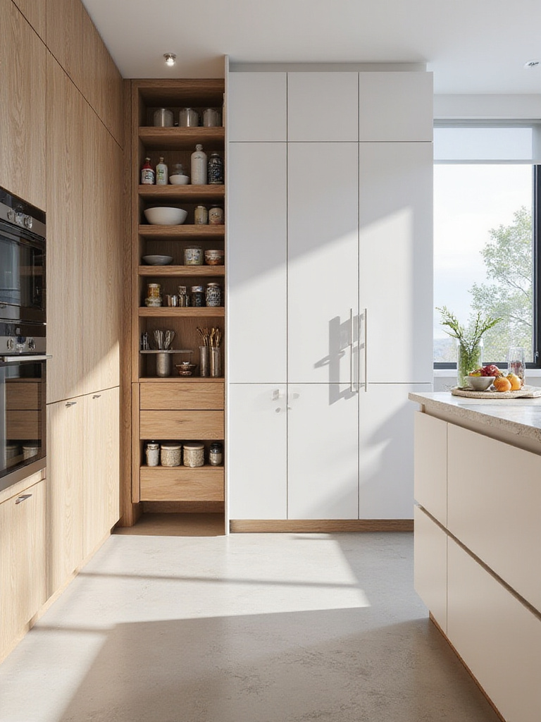 Sleek modern kitchen featuring handleless cabinetry with a pull-out pantry hidden behind a seamless panel, illustrating clever hidden storage solutions.