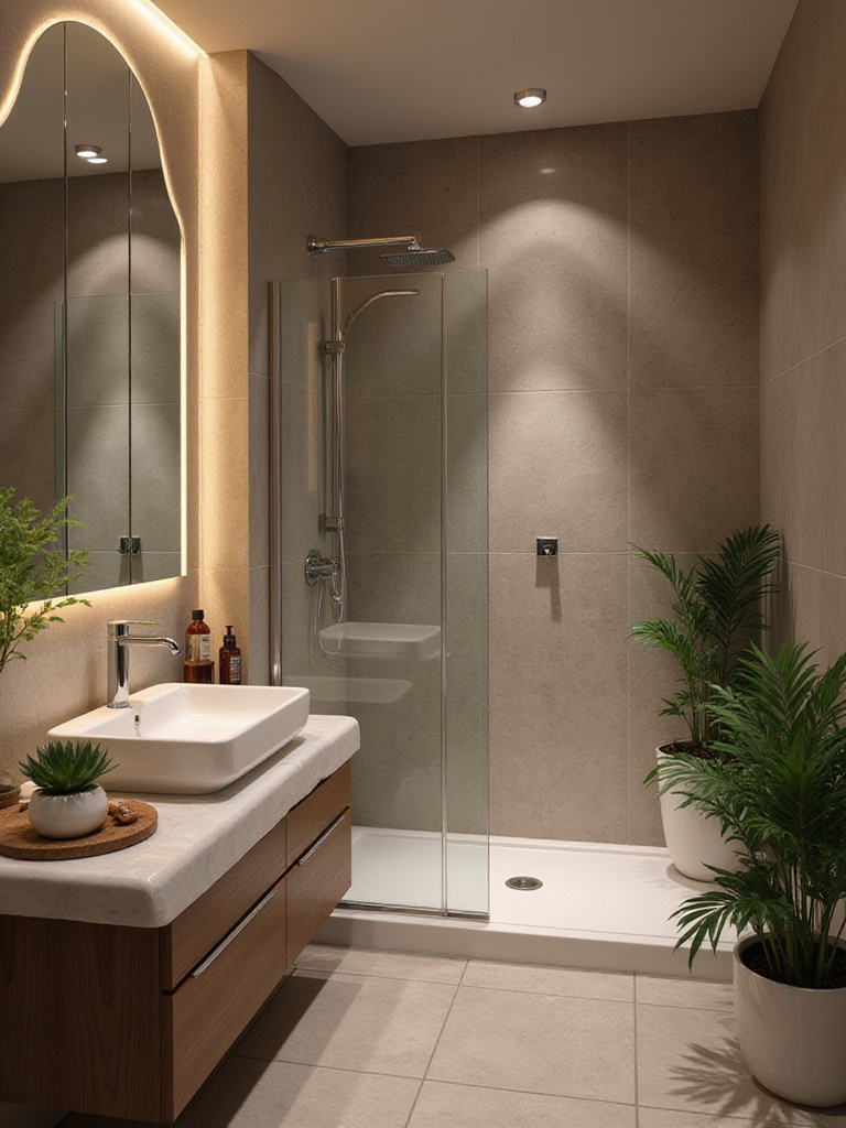 Modern bathroom featuring smart home technology with touchless faucet, smart shower, and smart mirror.