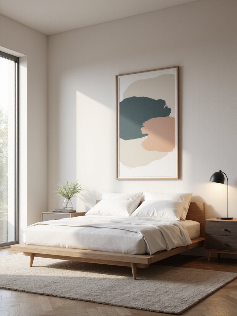 Modern bedroom showcasing a minimalist art piece above a platform bed.