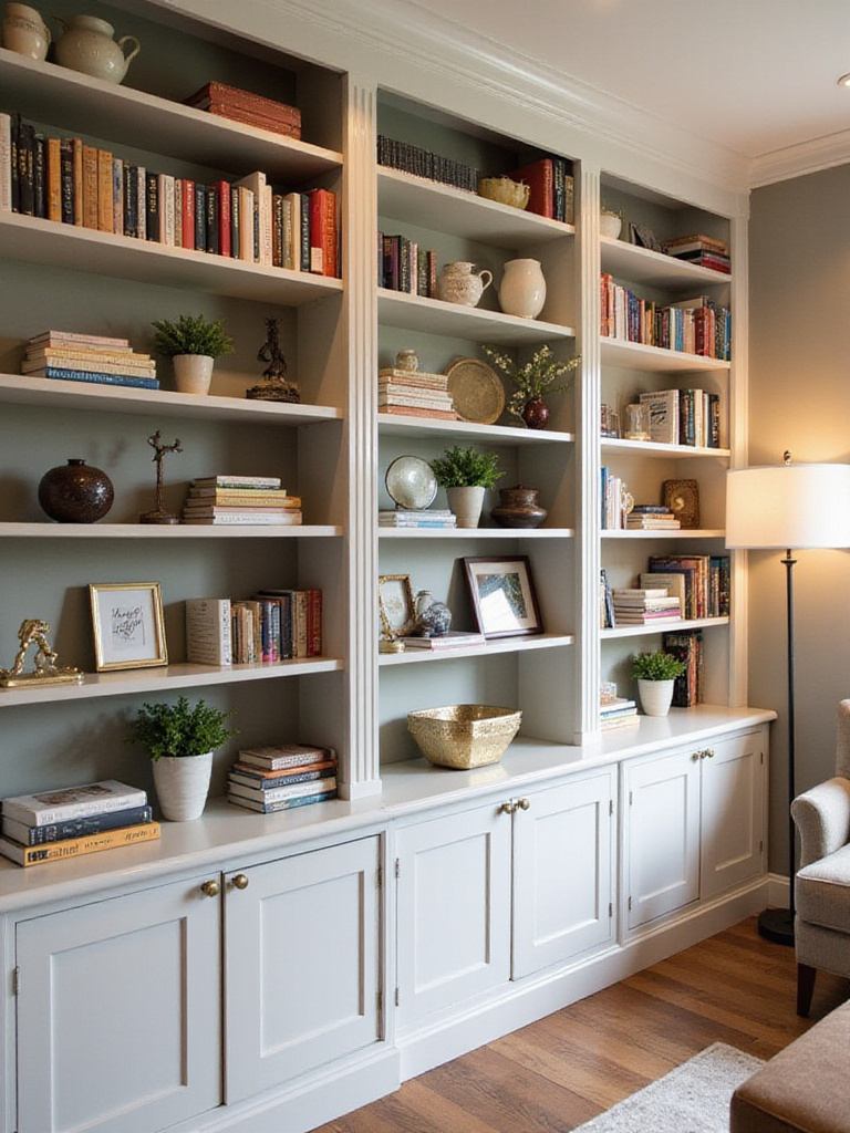 A stylishly curated living room bookshelf featuring a mix of books, decorative objects, and plants, adding personality and visual interest to the space.