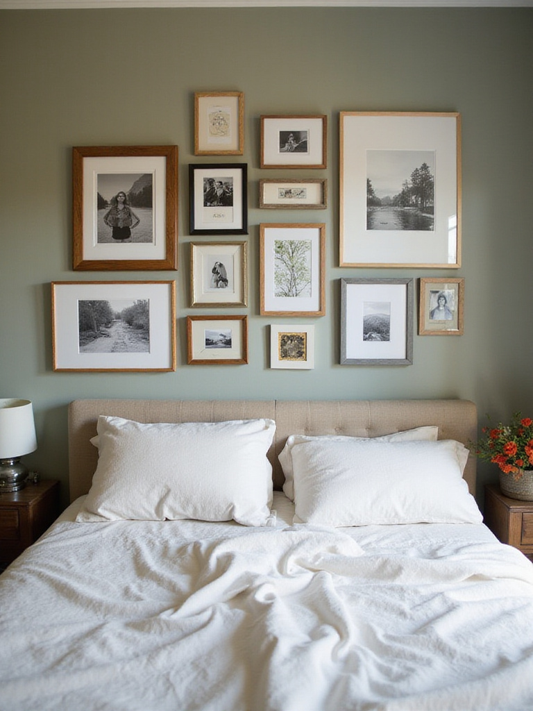 A bedroom wall displaying a curated gallery of framed personal photos and mementos.